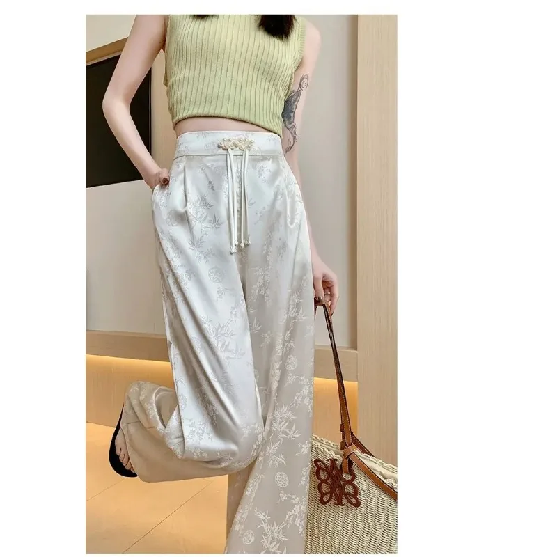 Women Summer Thin Ice Silk Flower Pants Lace Up Cool  Korean Style Y2k Pants New Satin Straight Pants