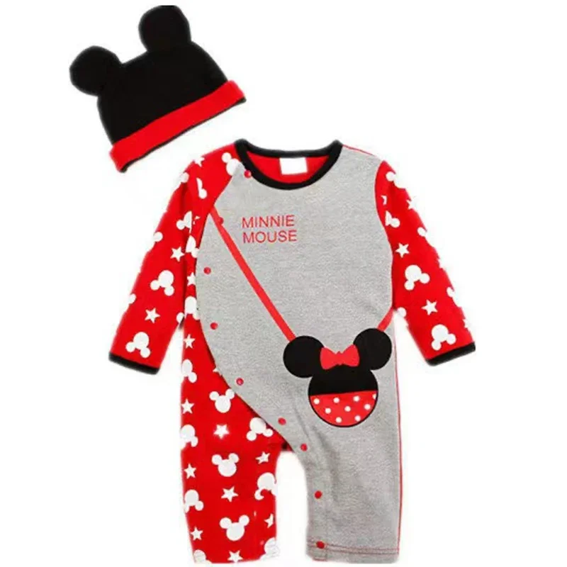 Spring Baby Rompers+Hat 2pcs Set Cartoon Mickey Minnie Boys Girl Jumpsuit Infant Costumes Newborn Baby Clothes Lovely Baby Suits