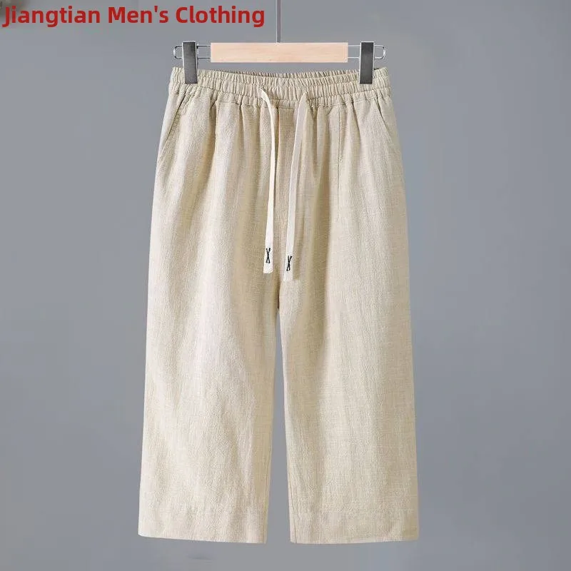 

High-End Pure Color Lin Men's Knee-Length Seven-Piece Pants Summer Breathable Cotton Linen Fabric Middle-Pants Shorts