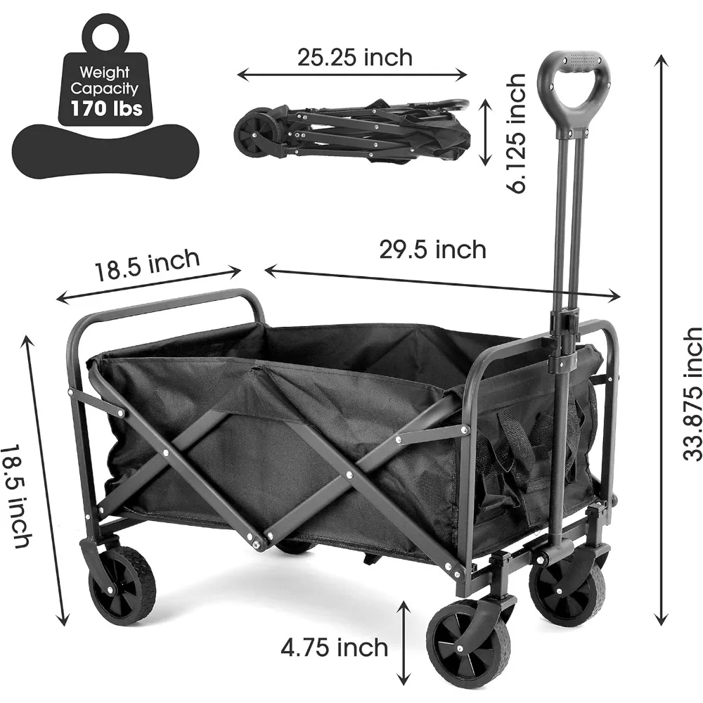 Heavy Duty Collapsible, Foldable, and Rolling Outdoor Utility Wagon for Camping, Beach with Spring-Loaded Handle (Black)