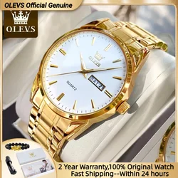 OLEVS, relojes de pulsera clásicos dorados para marca superior, reloj de pulsera de cuarzo de acero inoxidable luminoso resistente al agua de cuero de negocios de lujo para hombres
