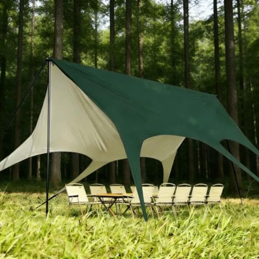 

Camping Tarp with Poles No Rope Tying 2-Step Setup 11x18FT Waterproof 10-12 Person Tarp Shelter 22ft² 2.6m Height 210D Oxford F