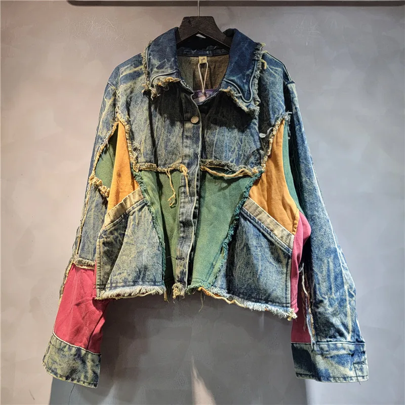 Personalized Multi-piece Contrasting Color Splicing Denim Jacket Women Lapel Rough Edge Long Sleeve Short Coat Spring Autumn Top