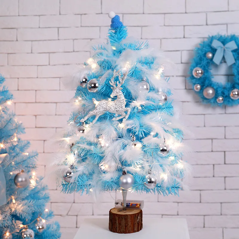 

Artificial Mini Christmas Tree 45CM Feather Blue Pink Xmas Ball with Wood Base Tabletop Christmas DIY Home Decor Party Supplies