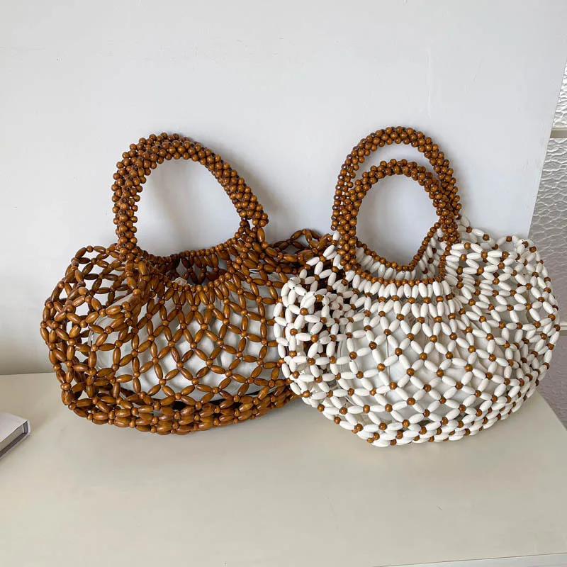 2 Set Tote Bag For Women Fashion Hollow Out Shoulder Bag Designer Wood Beading Handmade Woven Bag Bohemain Beach Handbag Brown