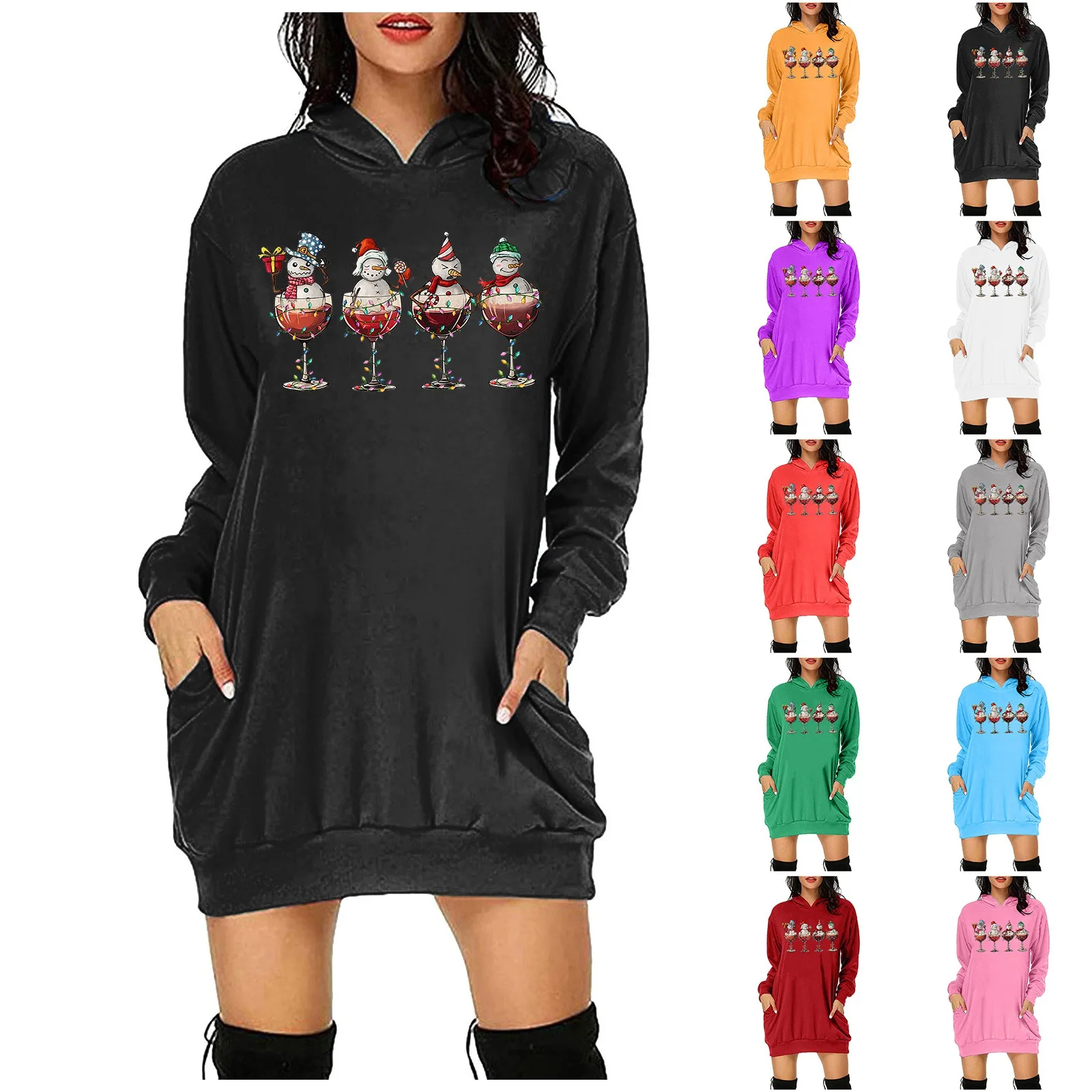 

Women's Casual Crew Neck Pocket Christmas Wine Glass Snowman Print Hoodie Womens Tunic Cardigans Light up Top