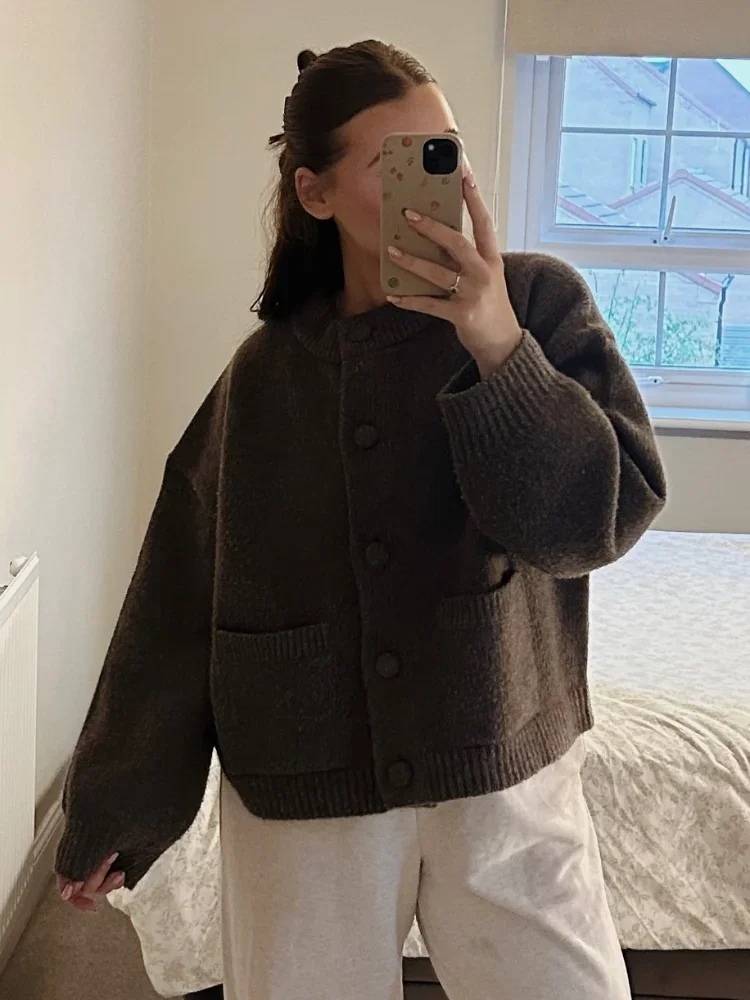 Pull à manches longues et col rond pour femme, manteaux Chic à simple boutonnage avec poches tricotées, couleur unie, automne hiver 2025