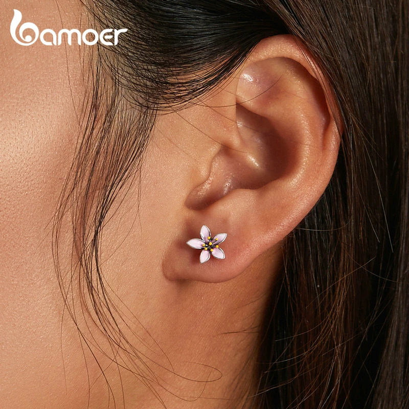 Bamoer 100% 925 Sterling Silver New Blue Pink Butterfly Flower Stud Earrings for Girl Insect Earrings Fine Wedding Jewelry Gift