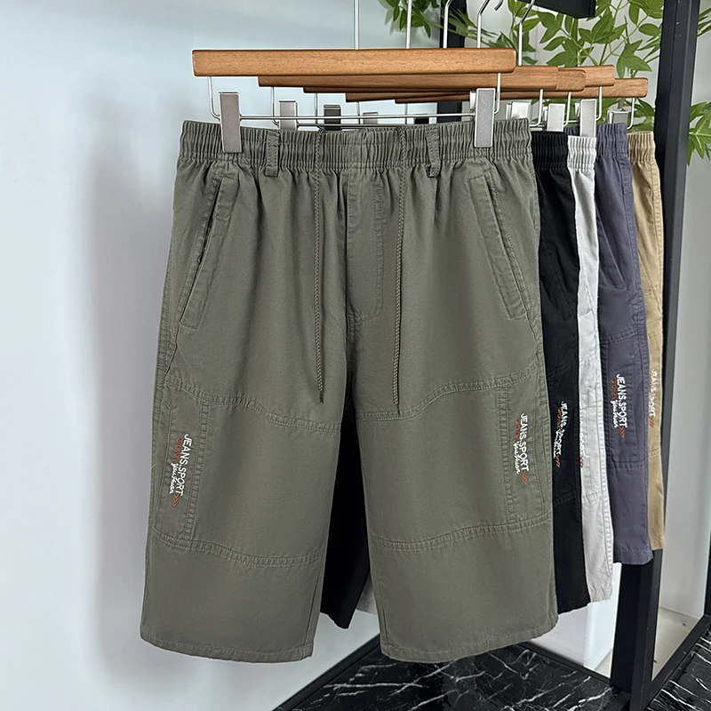 

100%cotton casual shorts men's summer new zipper pocket fashion letter embroidery comfortable loose seven quarter straight pants