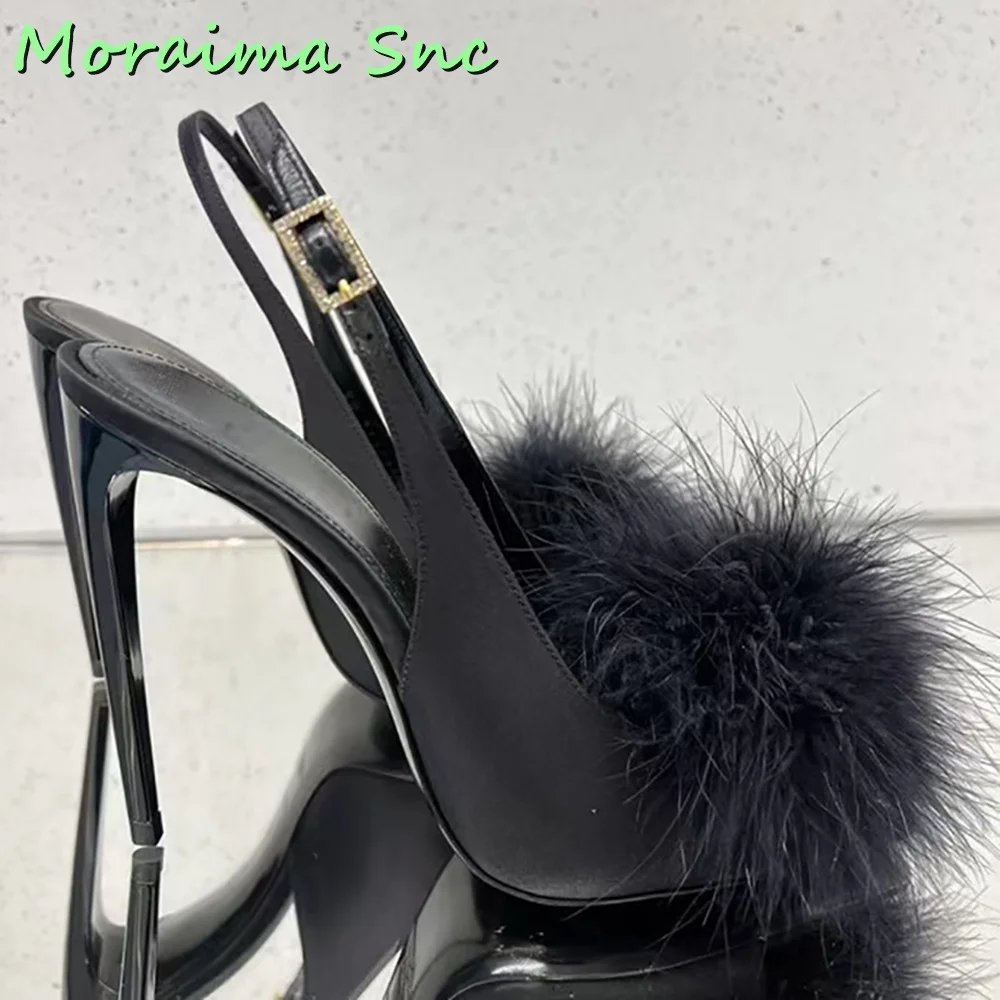 

Fur Feather Square Toe Sandals Satin Stiletto High Heel Back Strap Buckle Black Solid Women Shoes Summer 2023 Fashion Newest