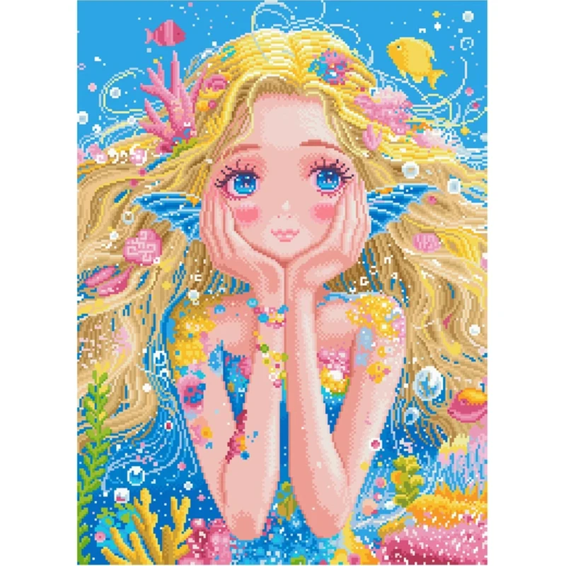 9ct 65X85cm Girl Fishes Cartoon Pre-Printed Cross Stitch DIY Embroidery Set Handicraft Floss Needle Crafts