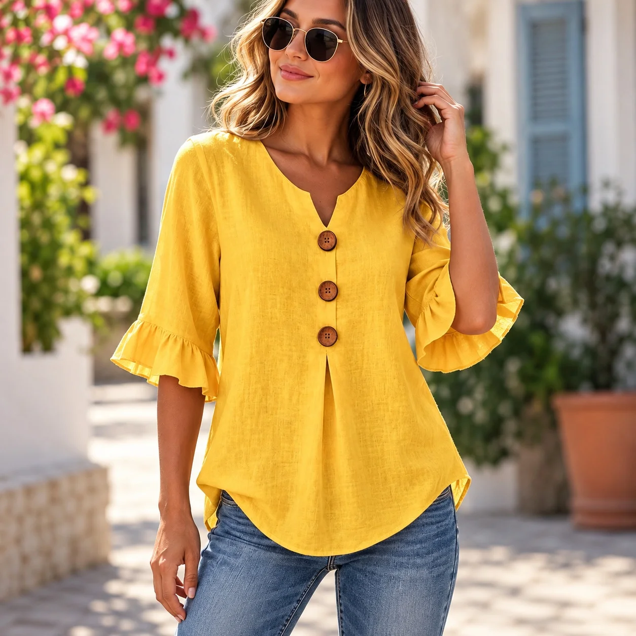 V Neck Button Front Blouse Regular Fit Casual with Short Sleeve Petal Sleeve Wrinkle Detail Pull on Regular Length Women Blouse