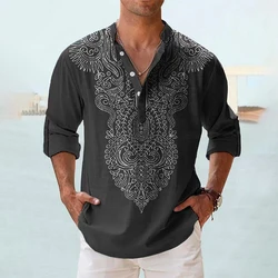 Etnik Stil 3D Baskı Henley Gömlek erkek Moda Vintage Büyük Boy Standı Yaka Uzun Kollu Gömlek Erkek Bluz Erkek Giyim Tops