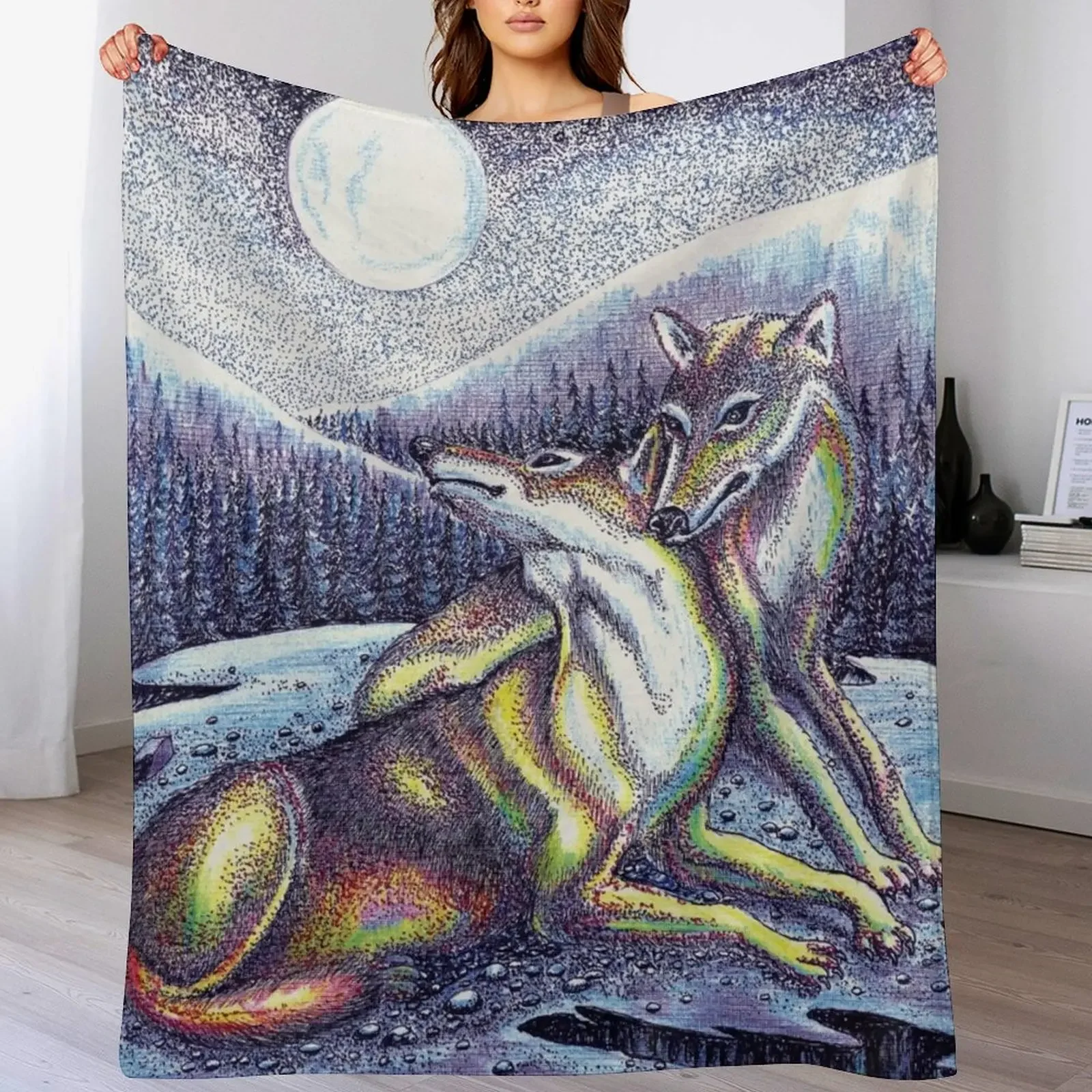 Wolf Nuzzling Throw Blanket Cozy Light Blanket for Travel Camping Picnic