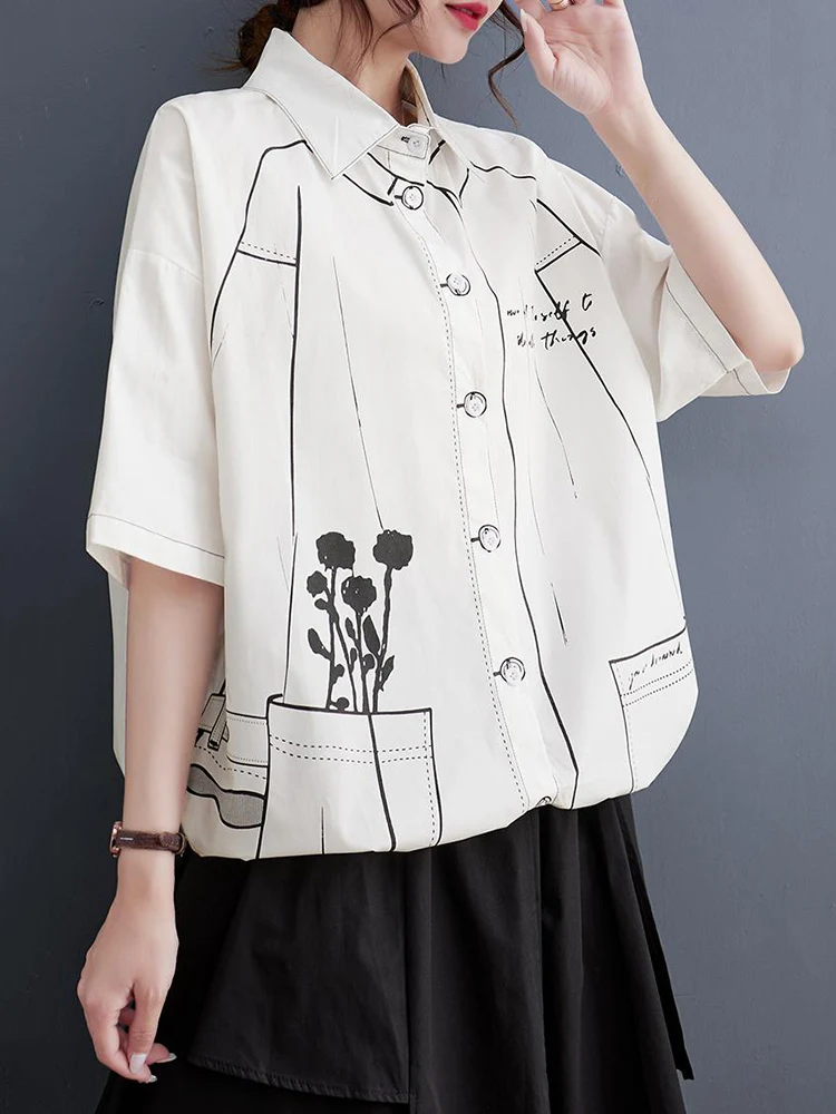 White Cotton Oversized Vintage Print Shirt Women New Drawstring Short Sleeve Loose Casual Blouse Top Fashion Clothes Summer 2024