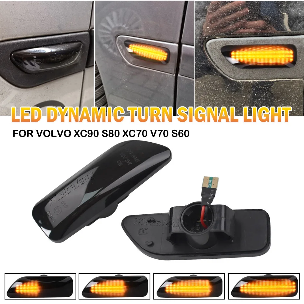 

2Pcs Dynamic LED Amber Side Marker Blinker Turn Signal Light For Volvo S60 V70 XC90 S80 XC70 1998-2007 OEM：30722641,34432641