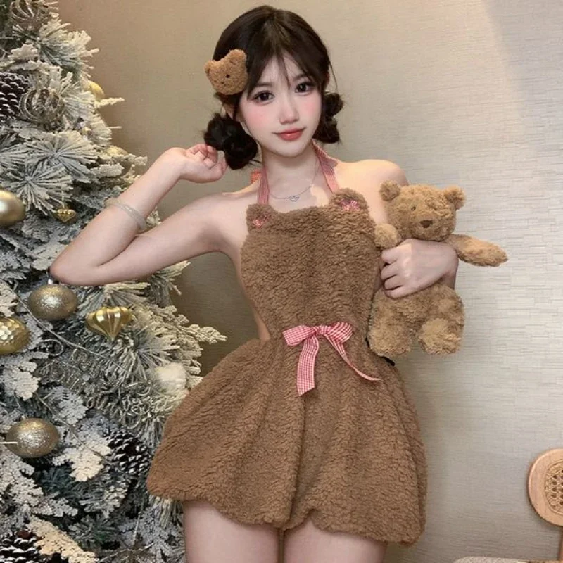 Cute Plush Little Bear Dress Cosplay Costume Sweet Maid Uniform Backless Nightgown Anime Roleplay Underwear Kawaii Lingerie Girl