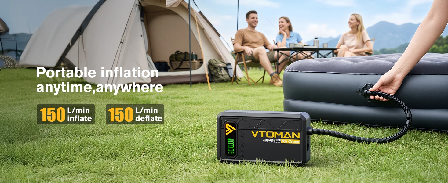VTOMAN X5 Cross 5-in-1 Auto-Starthilfe 3500A Tragbare Autobatterie-Starthilfegerät mit Eingebautem 150PSI Luftkompressor Powerbank LED-Notlicht für Benzin- und Dieselautos – Detail 10