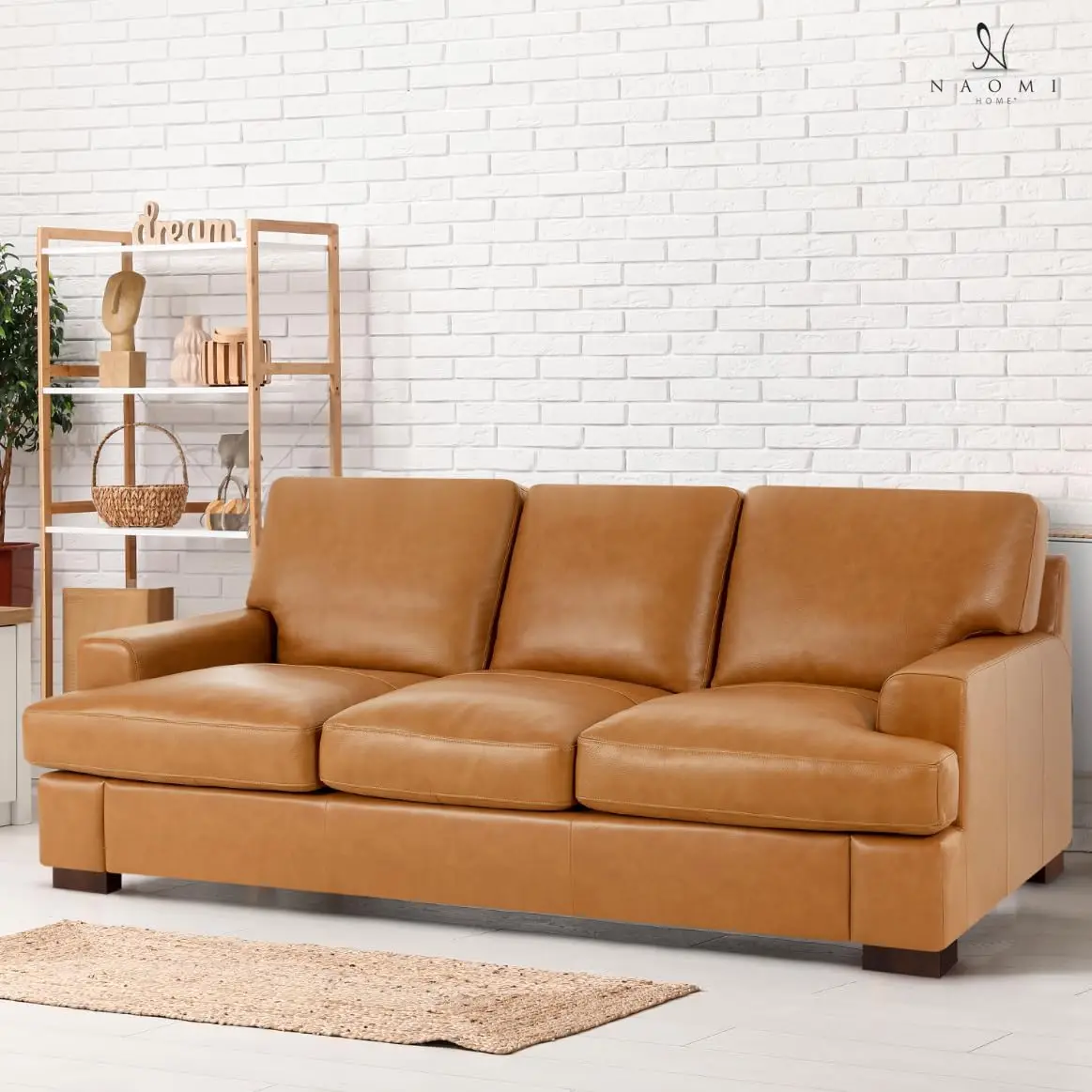 Genuine Leather Sofa Luxurious Comfort Goose Feather Cushion Filling Square Arm Design Sturdy Block Legs Elegant Tan