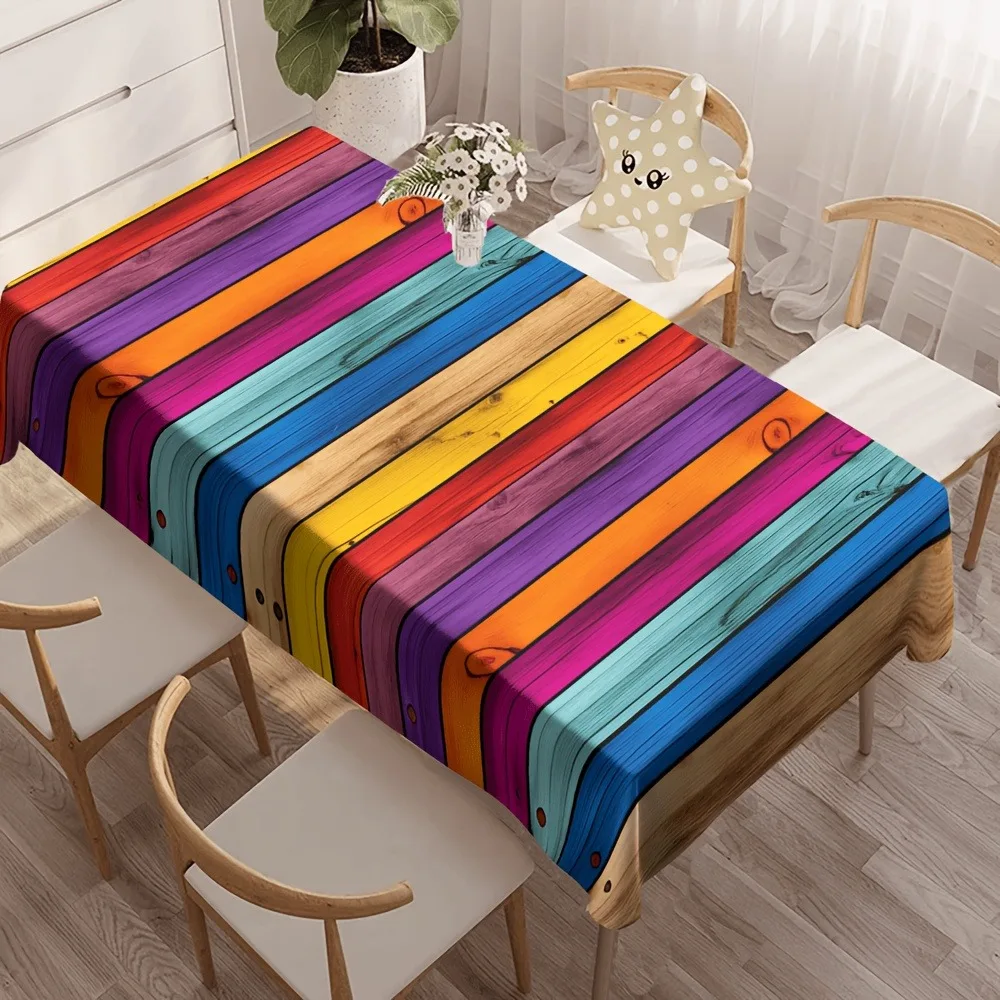Rainbow wood-grain pattern tablecloth - Polyester fabric material - Multi-color striped design