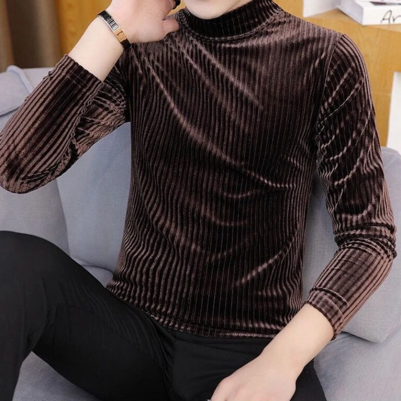 

Стильная мужская футболка с полуворотником, вельветовая, в полоску, с длинным рукавом, облегающая, теплая, весна-осень, новинка