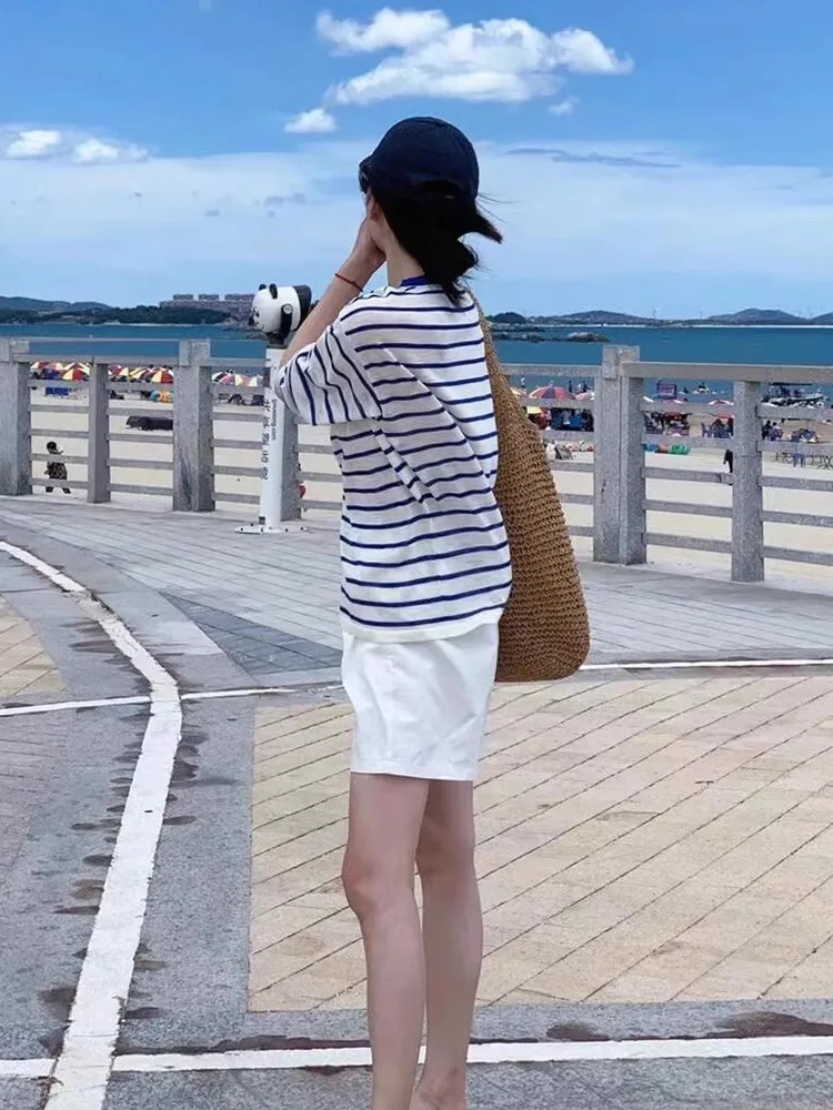 Blue Striped Long Sve Ice Silk Sun Protection T-irt Women's Summer Small Size Outer Thin Air Conditioner Cover Knitted Top