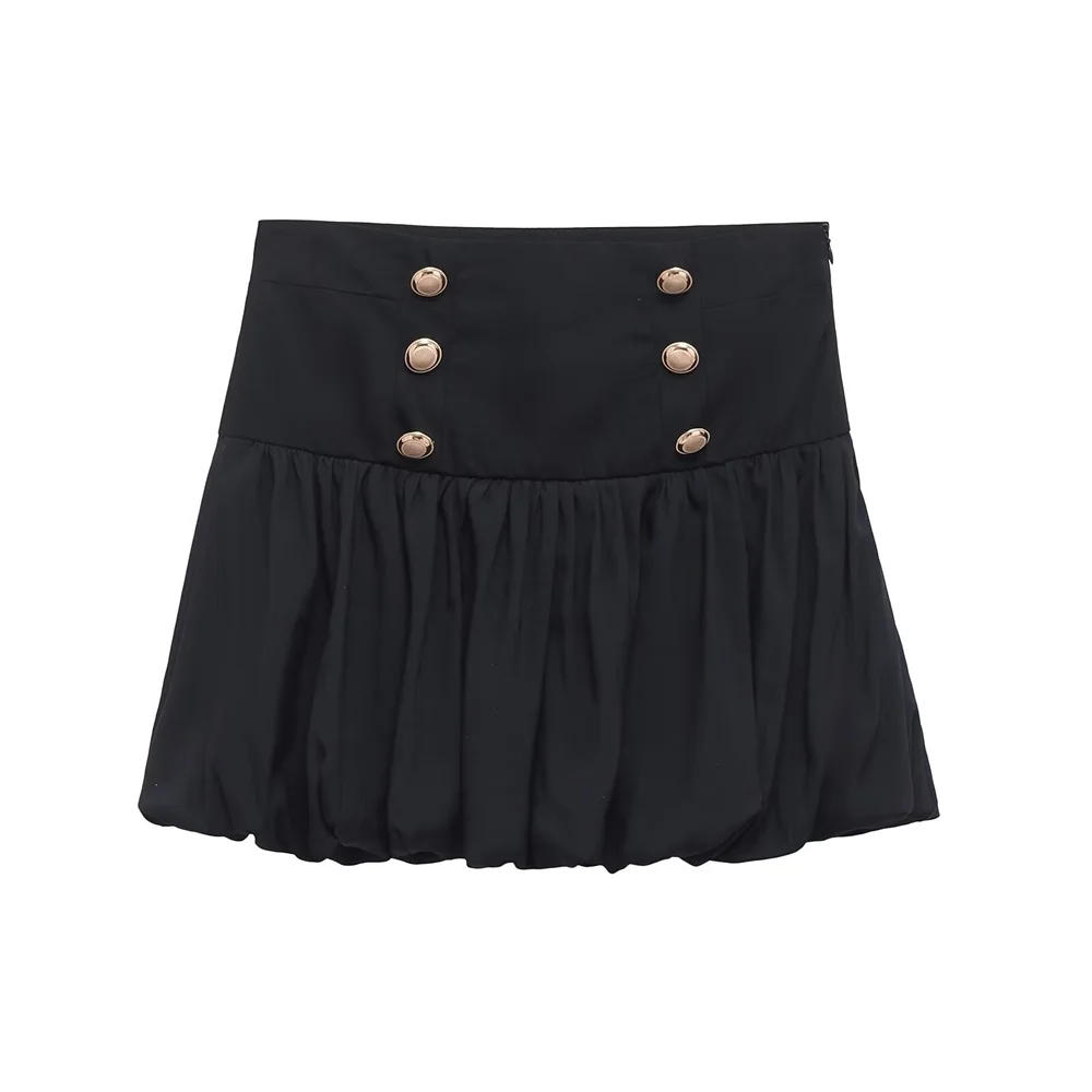 

2025 TRAF Spring New Women's Fashion Simple Versatile High Waist Slim Look Button Decoration Puffy Mini Skirt