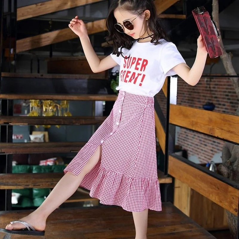 

Girls' summer dress set, new children's short-sleeve outfit, stylish casual two-piece set for girls, red