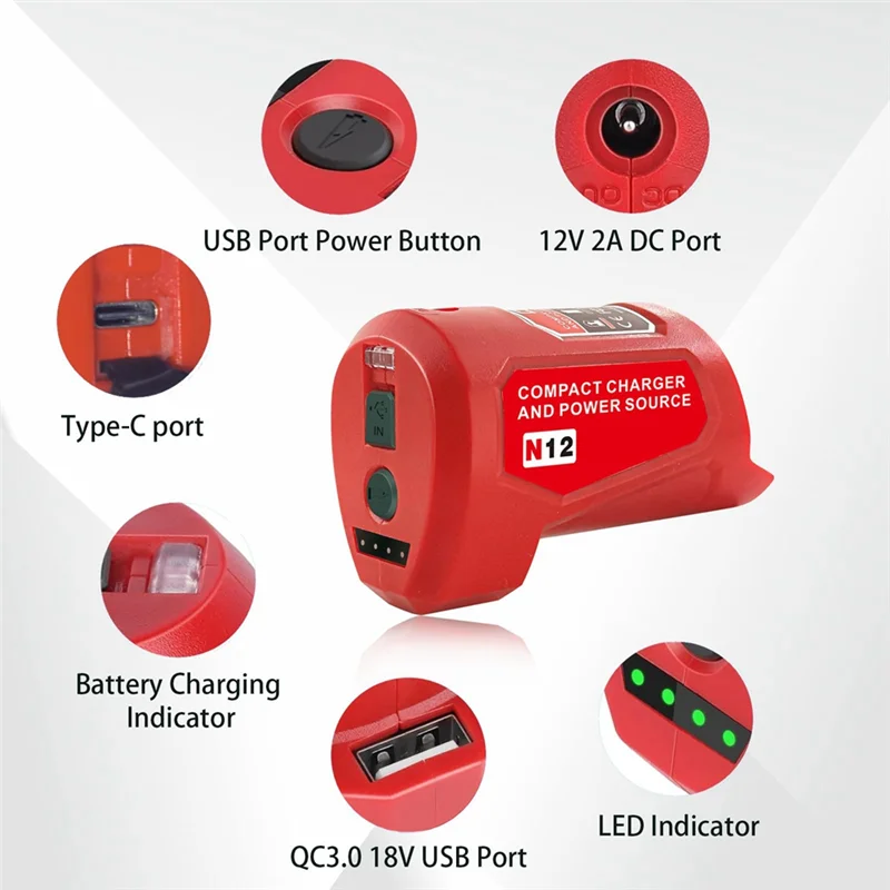 

AEE8-N12 Battery Power Source Adapter For 12V M12 Battery Power Wheel Charger Adapter With 12V DC Port USB2.0 Port