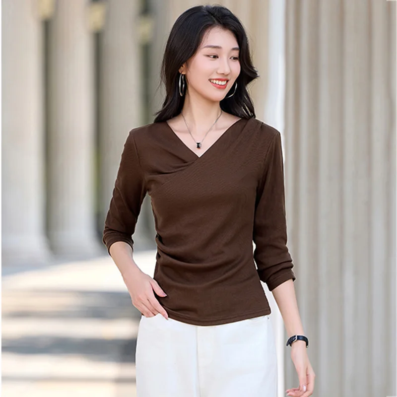 

New Women Long Sleeve T-shirt Spring Autumn Fashion V-Neck Folds Design Asymmetric Slim Waist Tees Simplicity Casual Female Tees