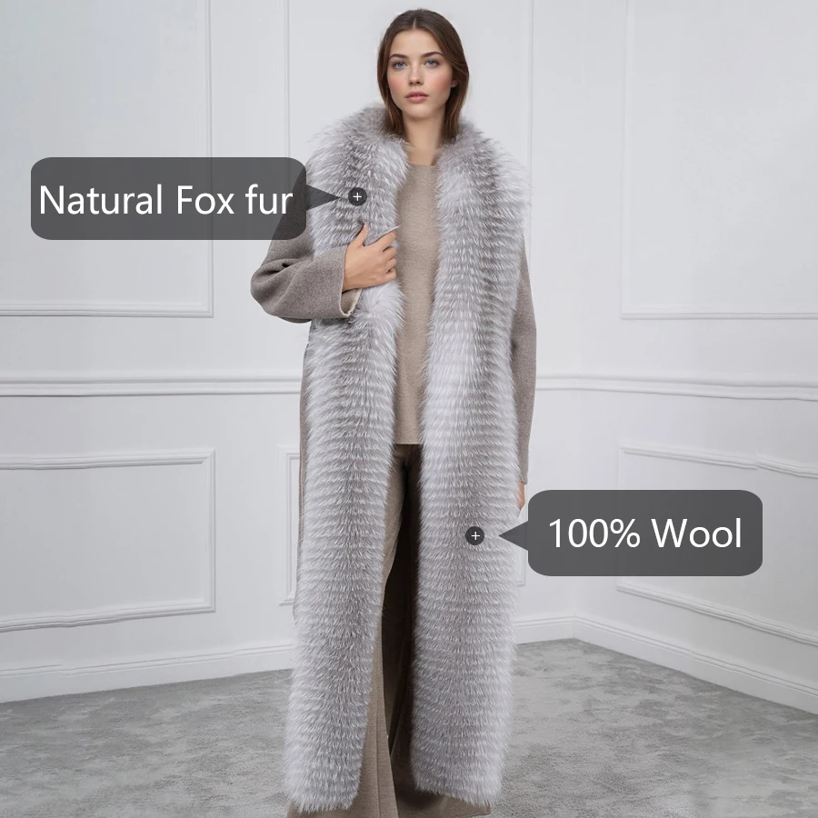 معطف طويل من الصوف المخلوط مع حواف فرو الثعلب سترة شتوية نسائية معطف فرو الثعلب الحقيقي معاطف صوف فاخرة للنساء