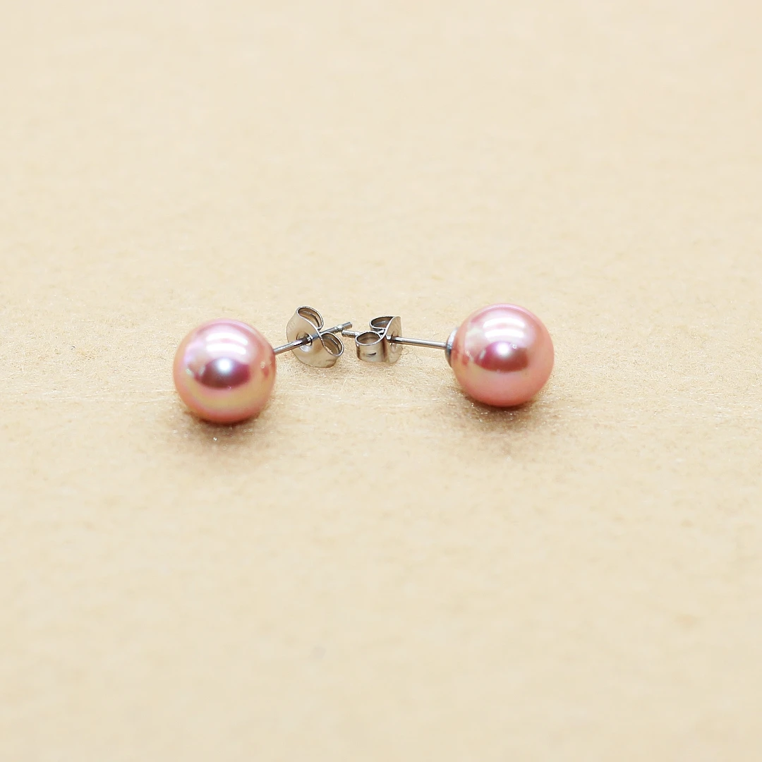 1pair Brief Style Stainless Steel With Shell Beads Pearls Pink Purple Push-back Stud Earrings 4/6/8/10mm No Fade Allergy Free