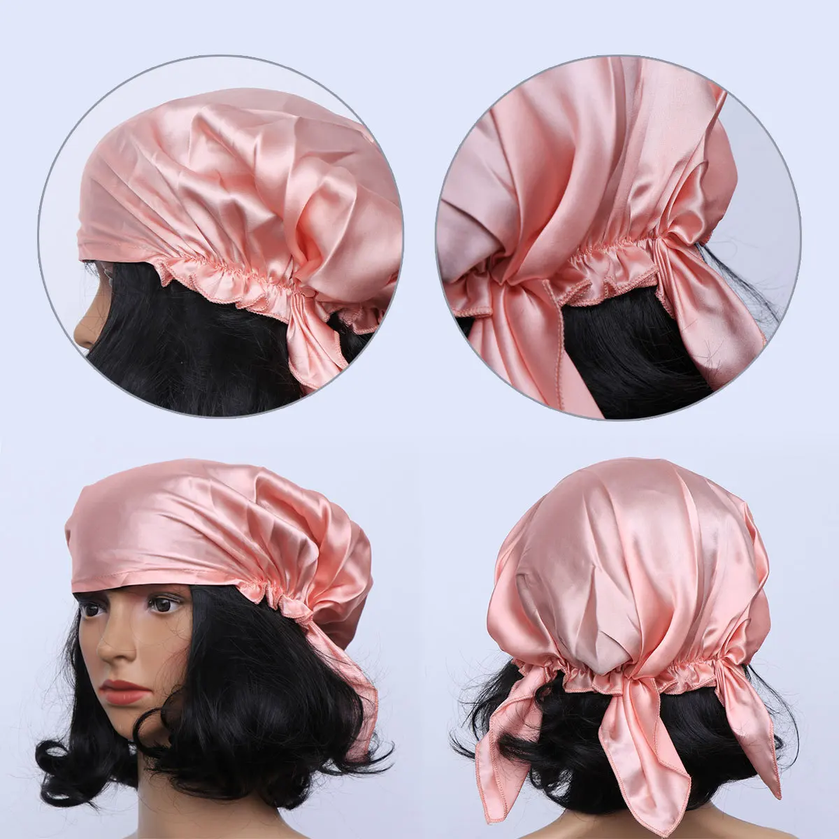 

Silk Night Sleep Hair Cap Light Pink Adjustable Elastic Ribbon Quick Dry Hair-Drying Towel Fast Drying Bath Use