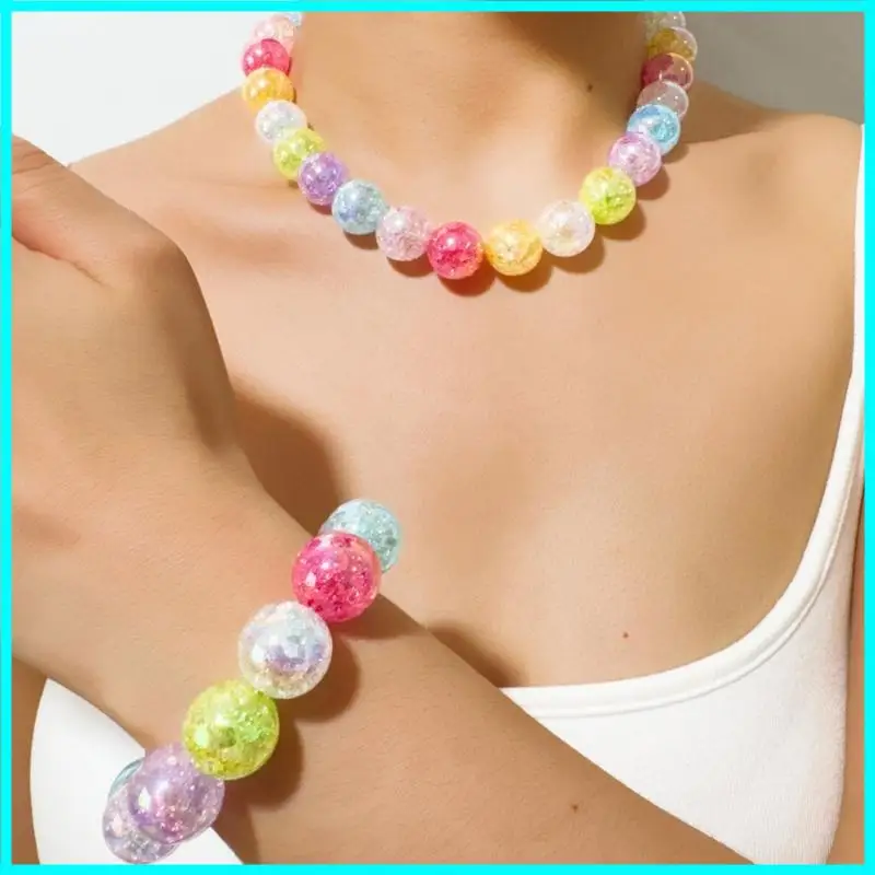 AB Multicolor Crystal Glass Beaded Necklace and Bracelet Set Glossy Round Beads Jewelry for Women Unique Gift