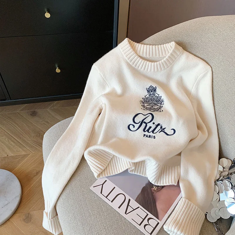 Letters Embroidery Pullover Sweater 2024 Spring Autumn Women Round Neck Long Sleeve Knitwear Jumper Female Casual Design Tops