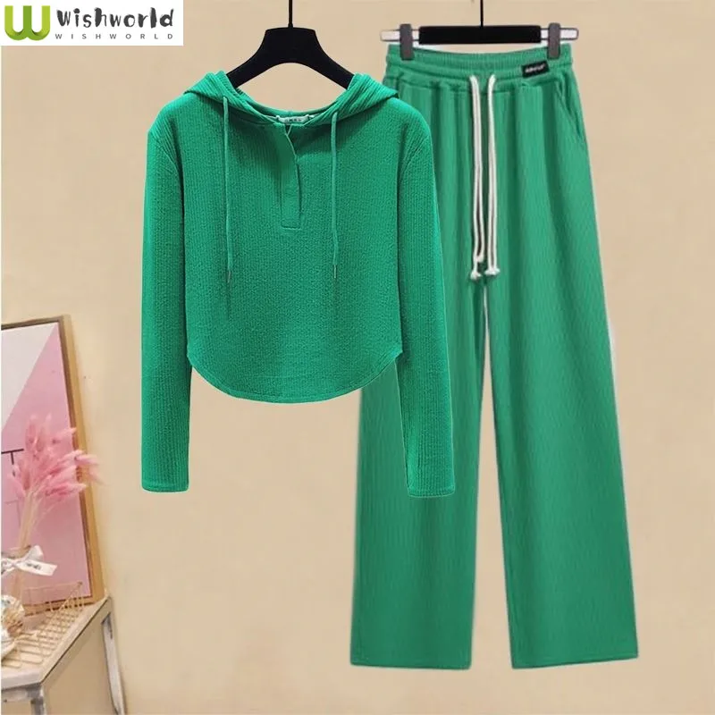 

Women's Sports and Leisure Suit 2023 Spring and Autumn Hooded Irregular Top Double Lace-up Straight Leg Pants Two-piece Set