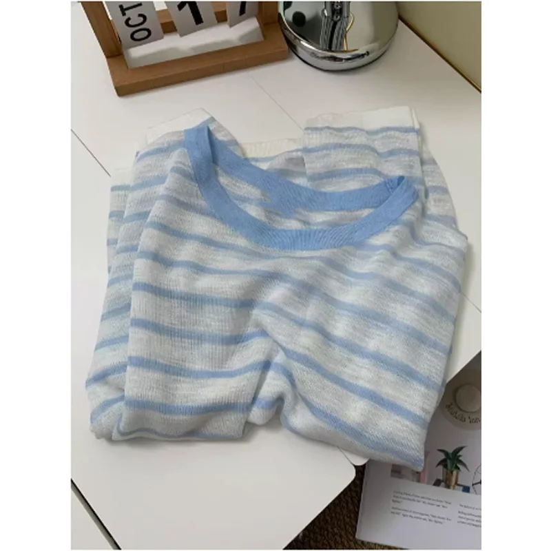 Breathable Linen Striped Knitted T-shirt for Women Sunscreen Coverall Round Neck Summer 2026 Loose Fit Long-sleeved Knitted