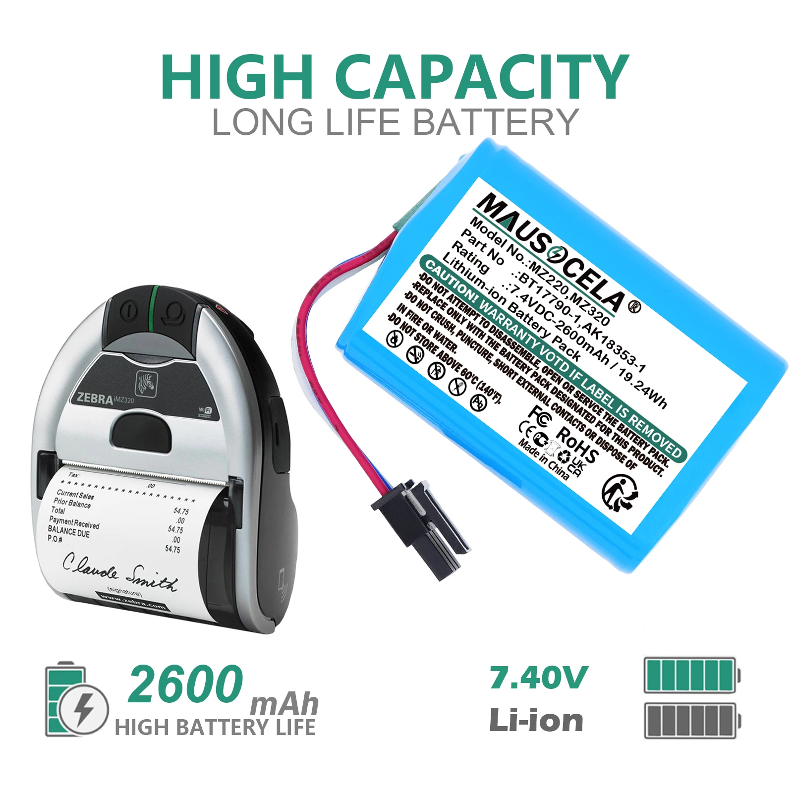 

2600mAh Portable Printer Battery For Zebra:IMZ320,MZ220,MZ320,MZ420L,AK18353-1,BT17790-1,BT17790-2,M3I-0UB00000-03,-Li-ion-7.40V