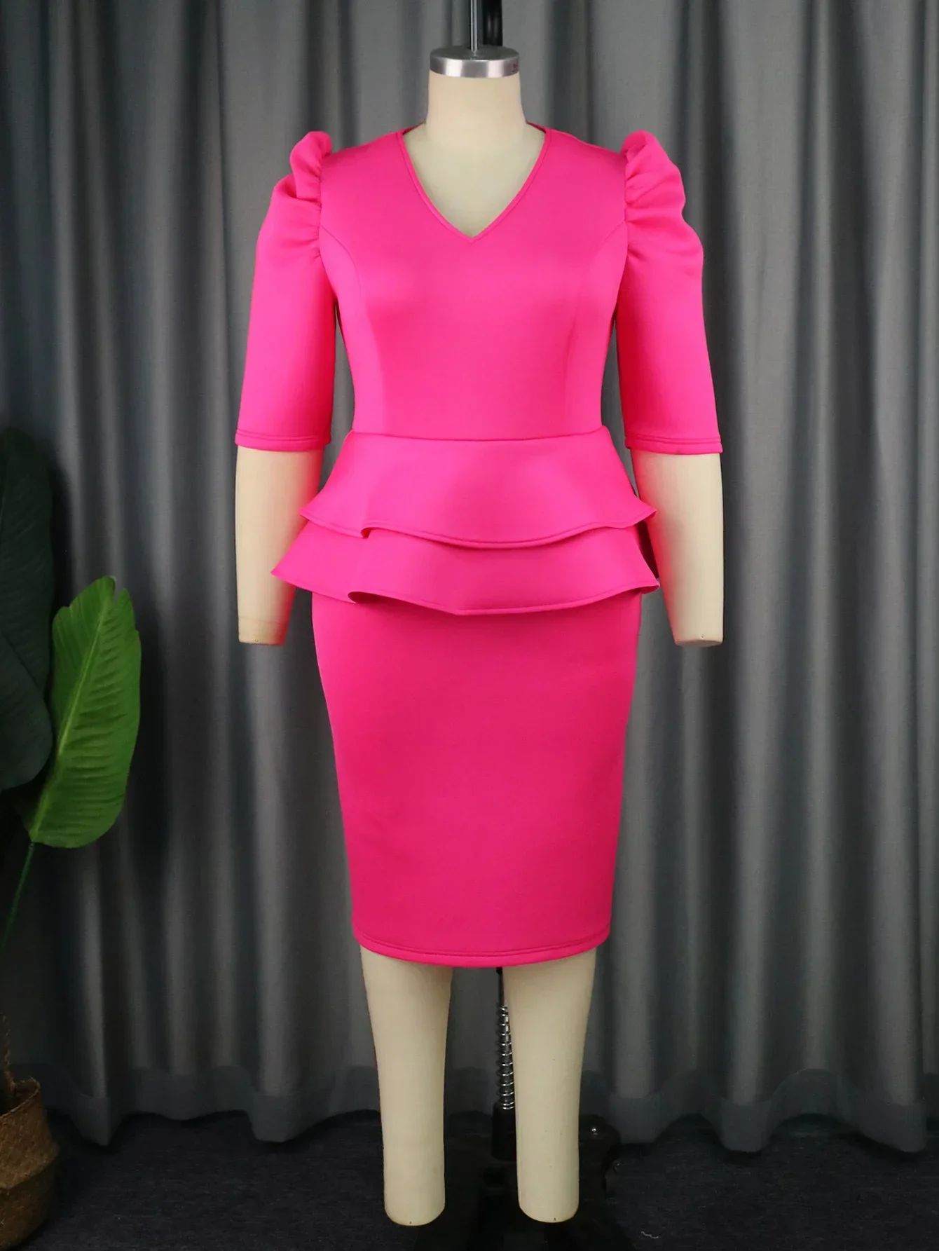 Plus Size Women V Neck Puff Half Sleeve Empire Peplum Ruffles Midi Office Work Evening Party Outfits Formal Evening Party Gowns