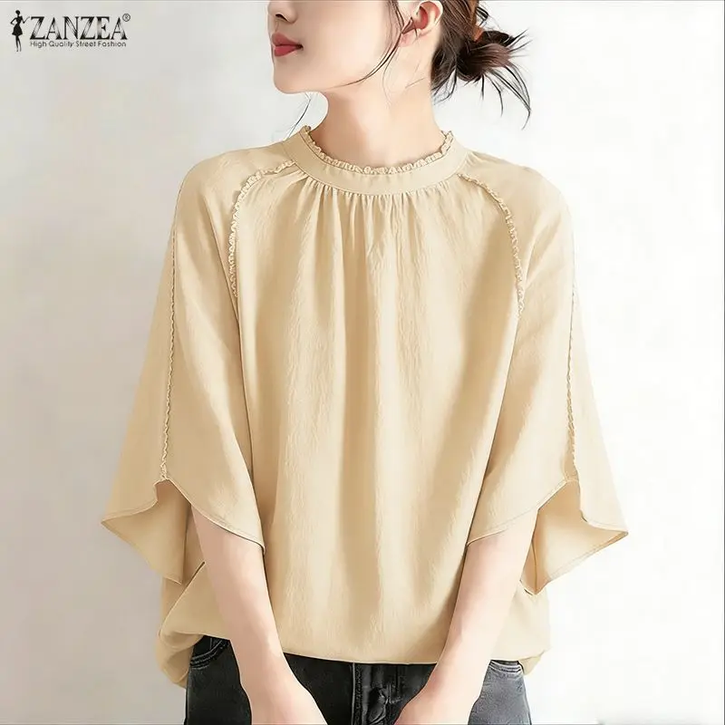 

Fashion Women O Neck 3/4 Sleeve Blouse ZANZEA Spring Stand Neck Office Shirt Summer Tops Casual Solid Holiday Blusas Tunic Femme