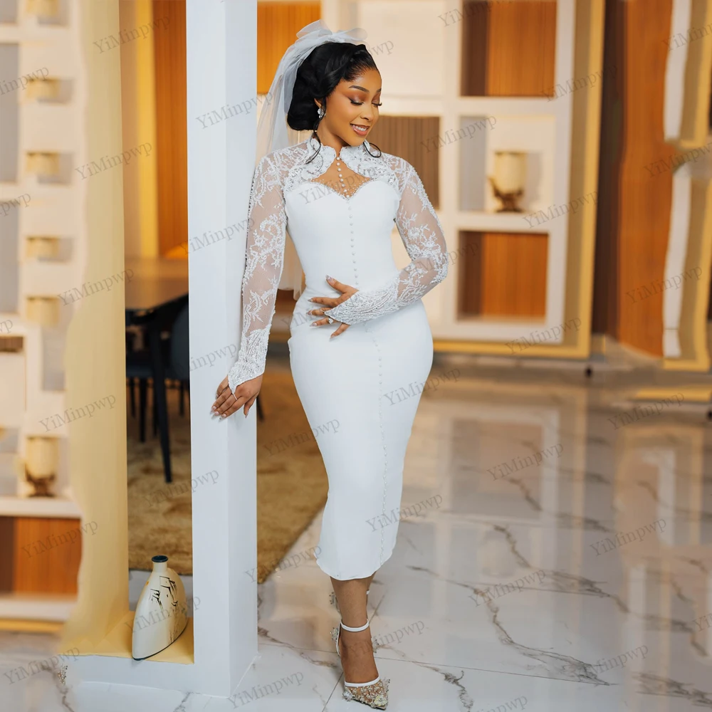 

Lace Pearls Wedding Dresses for Bride 2025 O-Neck Full Sleeve Button Ankle Length Ivory Civil Africa Bridal Gowns Customized