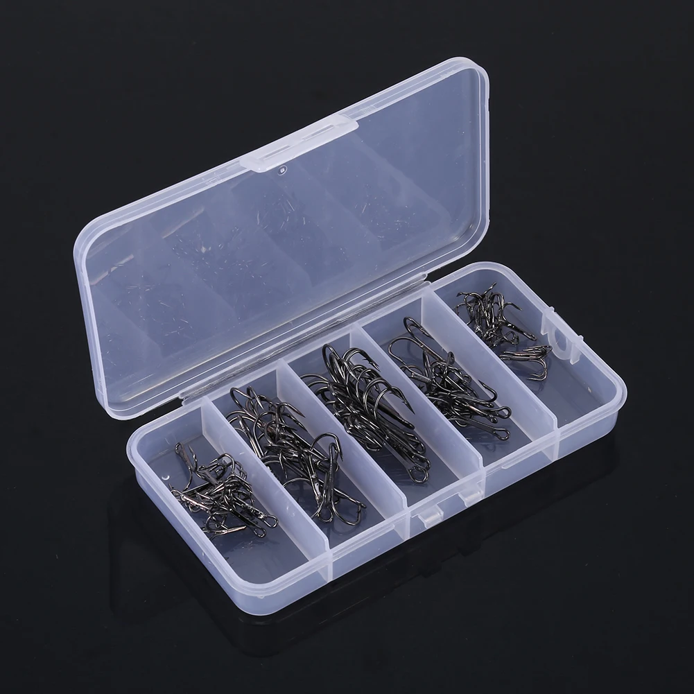 

50pcs/Box Black Sharpened Treble Fishing Hooks 5 Sizes 2# 4# 6# 8# 10# High Carbon Steel Fishhook Tackle with Storage Box