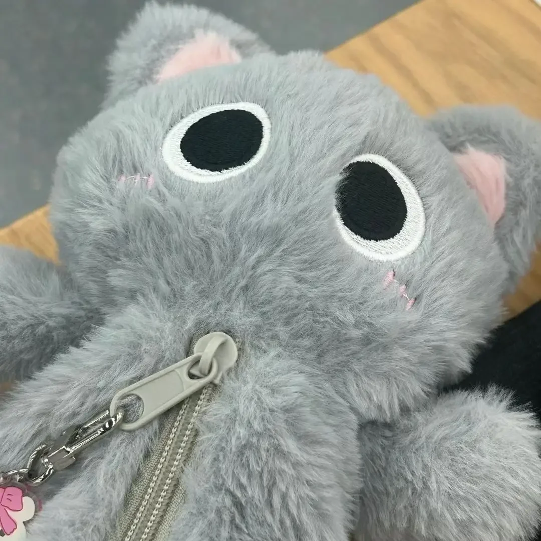 Sacchetto di penna per gatti in peluche grigio simpatico cartone animato da tavolo sacchetto di immagazzinaggio di cancelleria di grande capacità