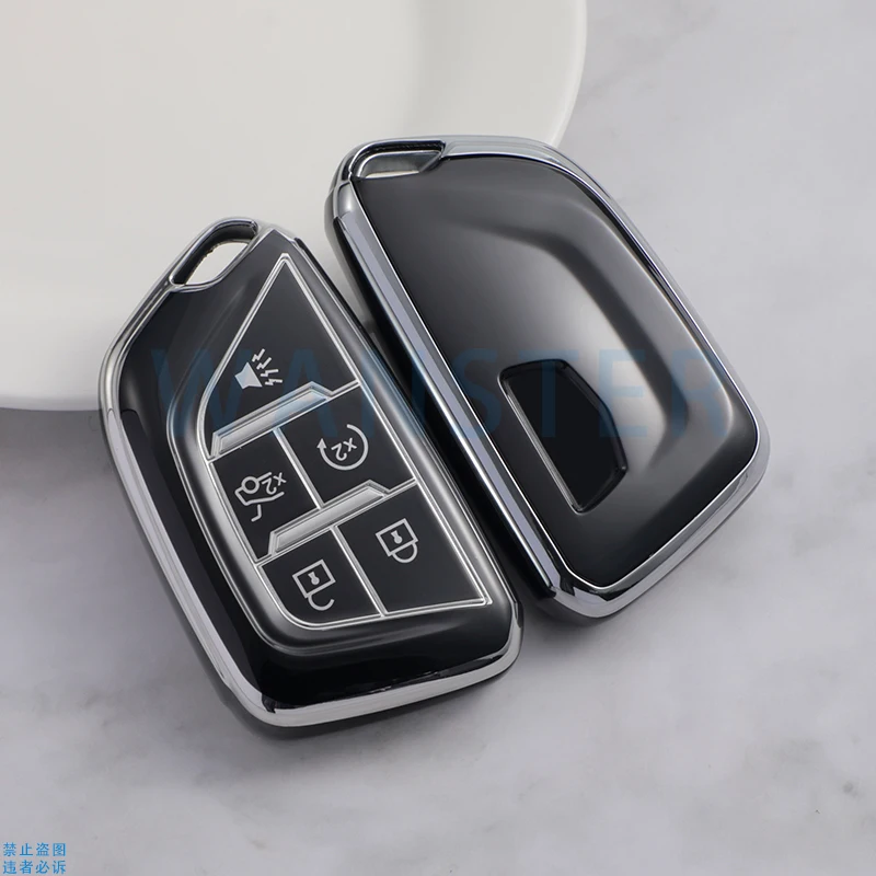 5 Bottons Silver Tpu Car Key Case Cover Keychian for Cadillac Escalade CT4 CT4-V CT5 XTS CT6 C8 GMC Yukon 2021 2022 Accessories