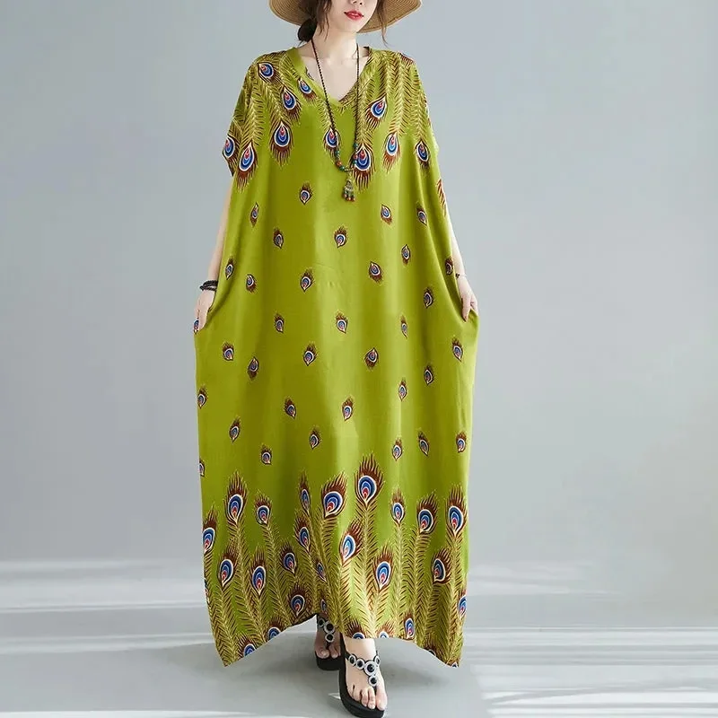 5011-10Ladies nightdress can wear literary retro loose color cotton silk robe V-neck 120kg bat sleeves