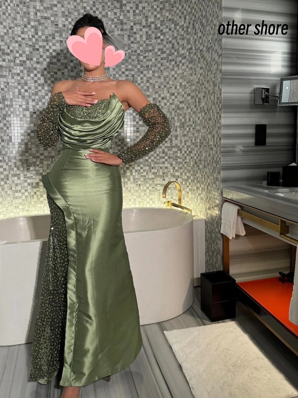 Other Shore Elegant Vintage Sweet Green Satin Beads Lace Stylish Customize Formal Occasion Prom Dress Evening Party Gowns