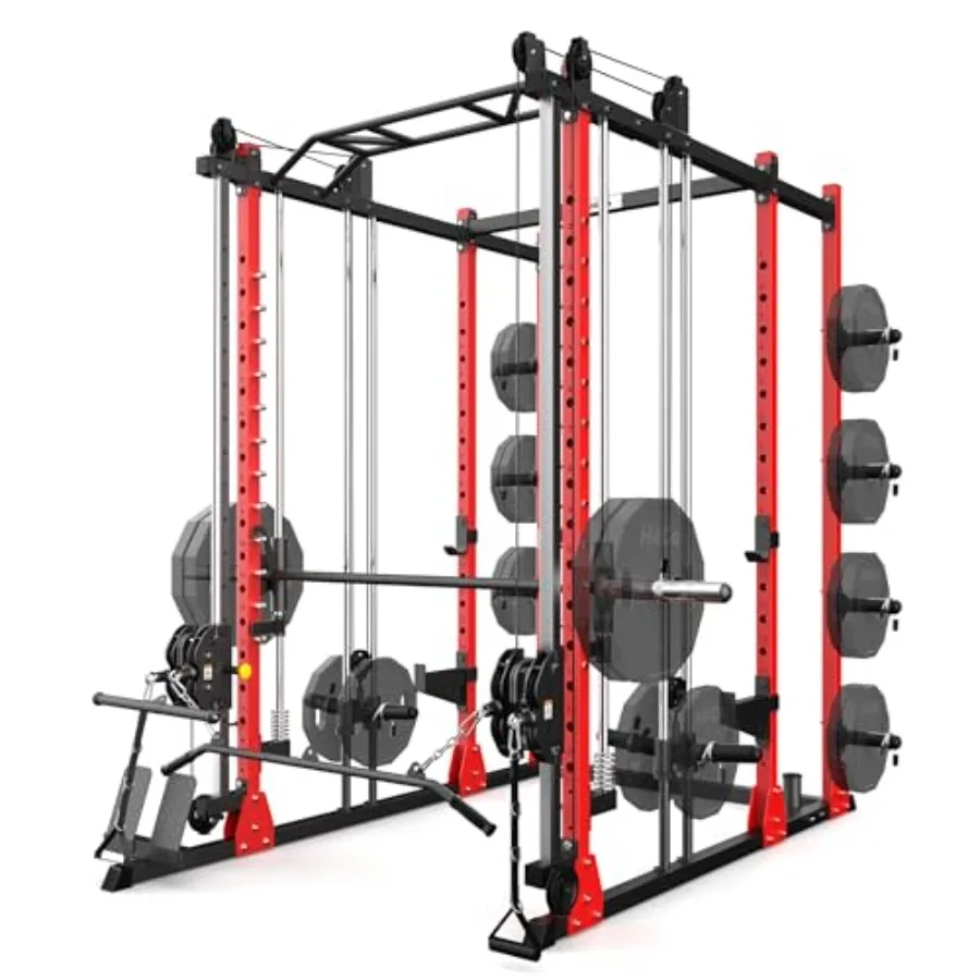 All-in-One Power Rack with Smith Machine and Cable Pulley System Adjustable Squat Rack for Home Gym Strength Training