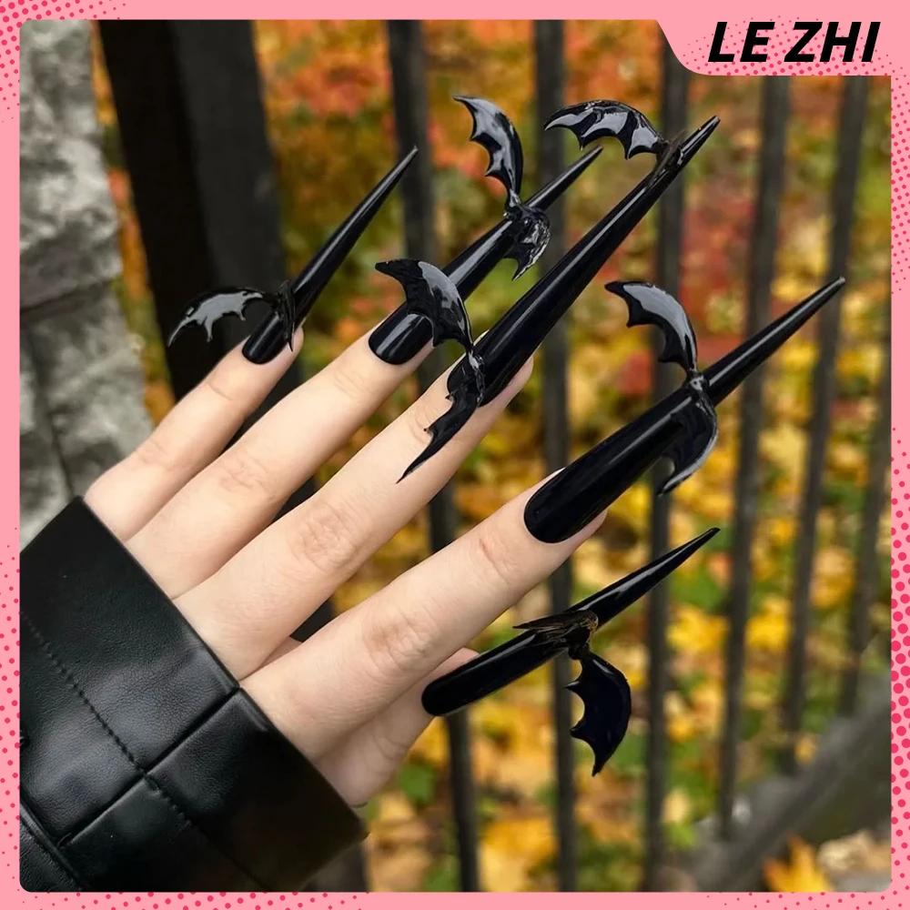 

Long Pointed Shape Personalized Creative Black Bat Design Press On Nails Art 10Pcs Handmade Y2K Exaggerated Party Nail Stickers