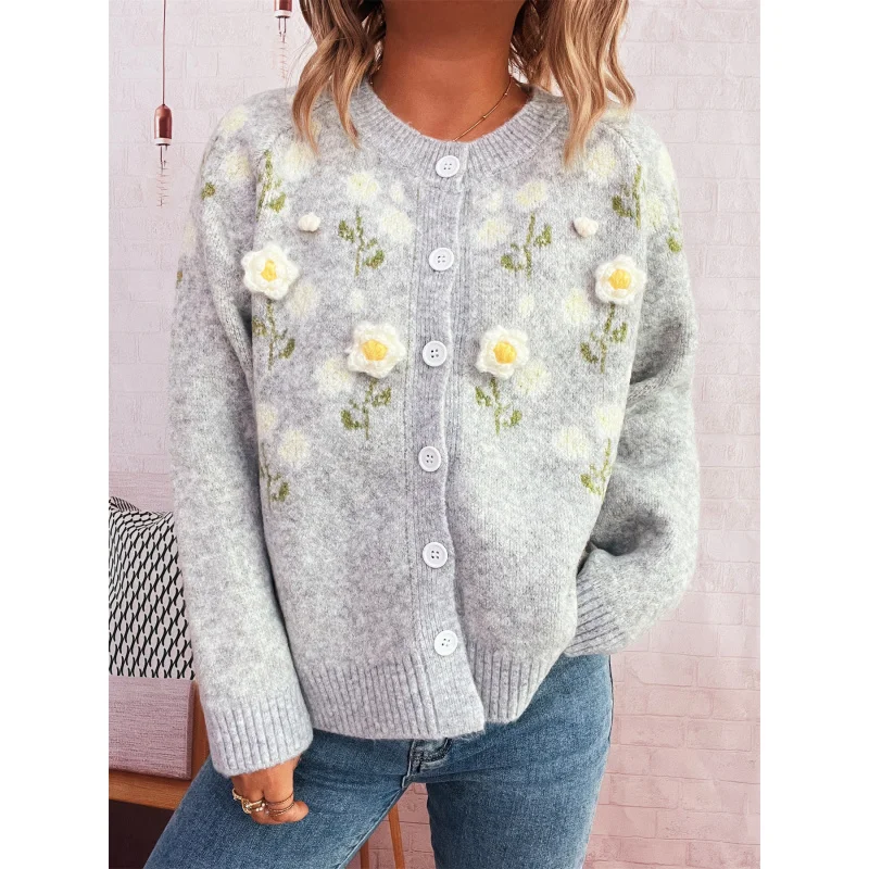かわいい花の刺繍立体装飾ラウンドネック長袖シングルブレストセーターカーディガン