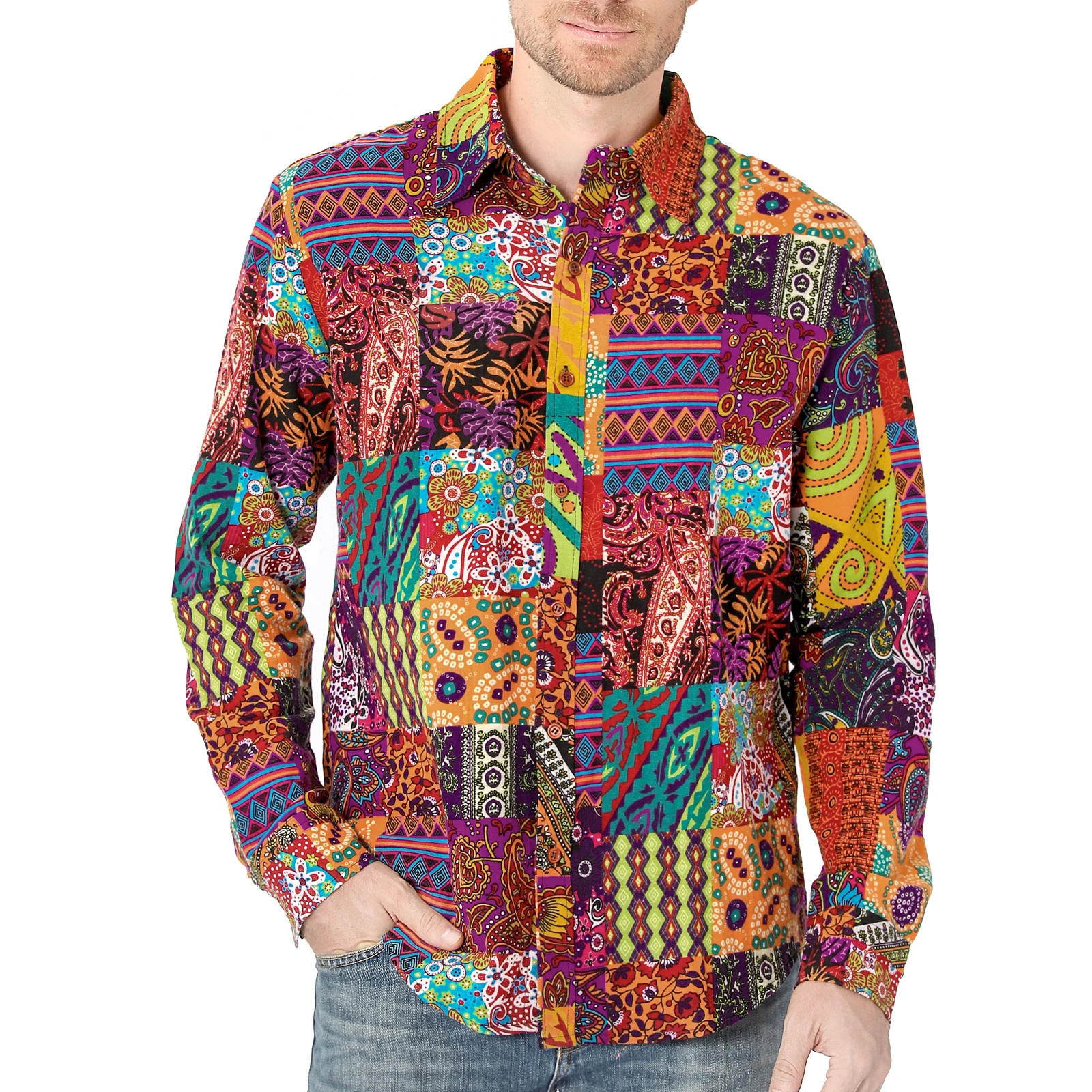 

Мужские рубашки 70-х годов, винтажные хиппи-дискотека, вечерние классические рубашки с цветочным принтом пейсли, необычные повседневные топы на пуговицах с длинными рукавами